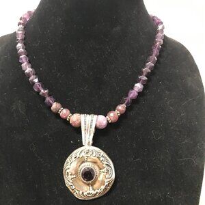 Antique Sterling Silver 925 Amethyst Genuine Ruby Gemstone Necklace Pendant